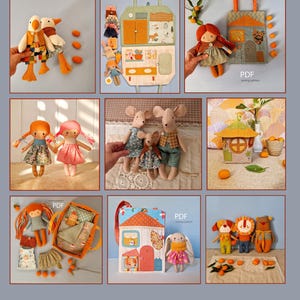 May include: A collection of handmade fabric dolls and accessories, including a duck, mice, and a bunny. The dolls are dressed in colorful outfits and are displayed with small orange-colored decorative items. The text "SEE MORE IN MY SHOP" is visible.