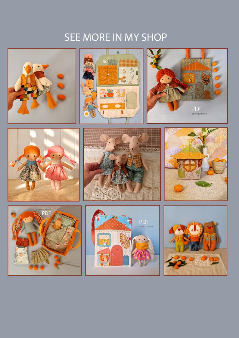 May include: A collection of handmade fabric dolls and accessories, including a duck, mice, and a bunny. The dolls are dressed in colorful outfits and are displayed with small orange-colored decorative items. The text "SEE MORE IN MY SHOP" is visible.