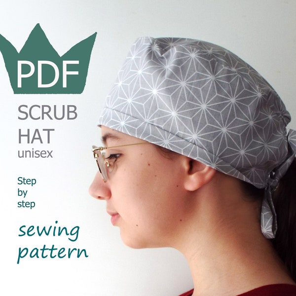 Scrub cap Sewing Pattern PDF, unisex size, DIY surgical scrub hat with button, Surgical Tieback Scrub Cap