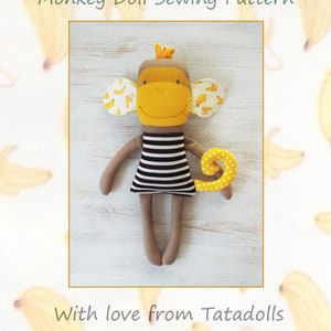 Stuffed animal monkey toy sewing pattern . Monkey cloth doll patterns baby girl gift . Rag doll monkey pattern safari baby shower 画像 6