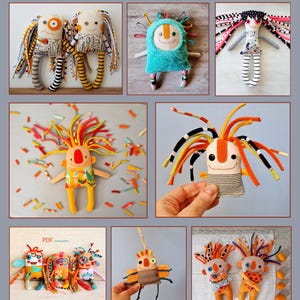 May include: A collage of handmade fabric dolls with whimsical designs. The dolls feature colorful yarn hair, embroidered faces, and unique patterned clothing. The text "SEE MORE IN MY SHOP" is visible at the top.
