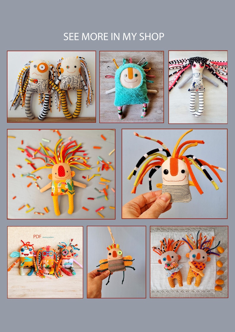 May include: A collage of handmade fabric dolls with whimsical designs. The dolls feature colorful yarn hair, embroidered faces, and unique patterned clothing. The text "SEE MORE IN MY SHOP" is visible at the top.