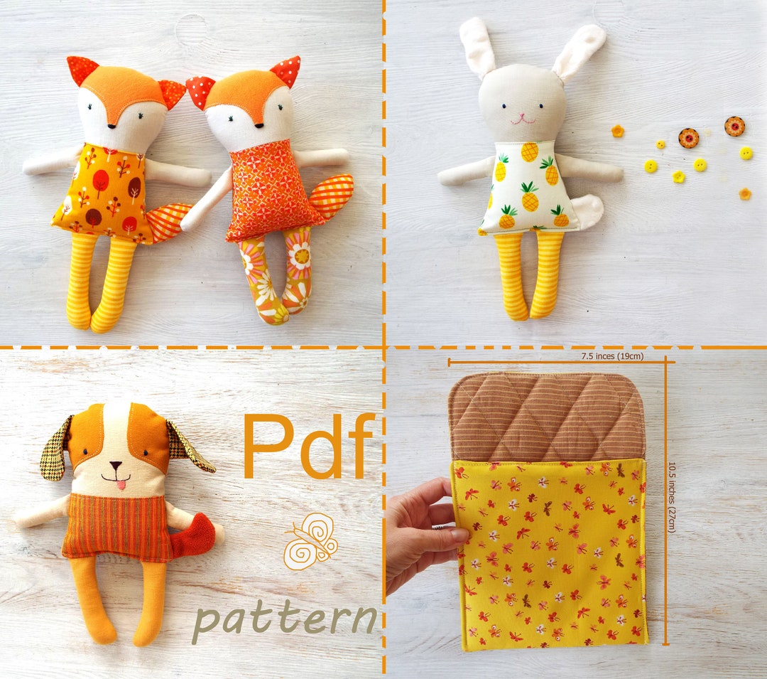 Patrones de costura para muñecos de trapo de animales: Perro, zorro y  conejo (PDF) México