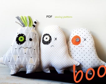 Patrón de costura de fantasma adorable en PDF. Patrón de muñeco de trapo fantasma para decoración de habitación infantil de Halloween. Patrón de costura de muñeco de trapo rústico para regalos de Halloween.