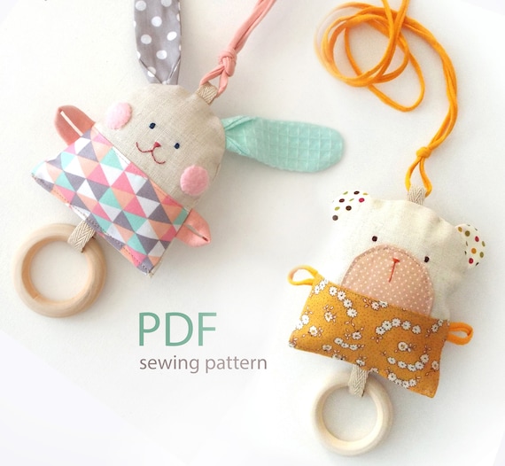 PDF Pattern Rattle Bunny, Textile Baby Toys Wooden Ring Teether