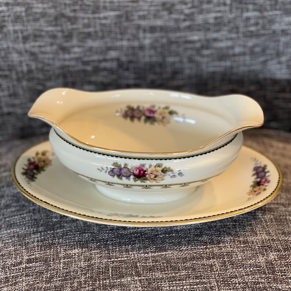 Noritake China, “Bellefleur” Gravy Boat with Attached Underplate