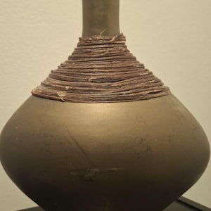 Large Vintage Mid Century Studio Pottery Vase, Cane Wrapped Stoneware, Bronze Boho Modern Accent
