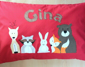 Pillow with name, christening pillow forest animals, 30 x 40, 40 x 60 cm.