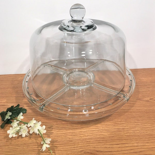 Vintage Tall Dome Glass Cover Pedestal Cake Stand Clear Glass Cover Wagon Wheel Spokes Plate #14