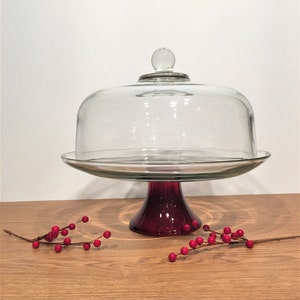 Vintage Dome Glass Covered RED Pedestal Cake Stand w/Clear Glass Cover and Plate -  Excellent Condition Ref#P3