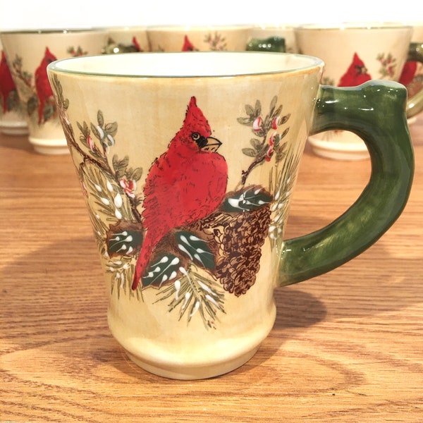 Selling Individual Cups/Mugs -PACIFIC RIM Hand-painted " Cardinal Red Bird & Pinecones " Coffee Tea Cup Mug - Excellent Condition Never Used
