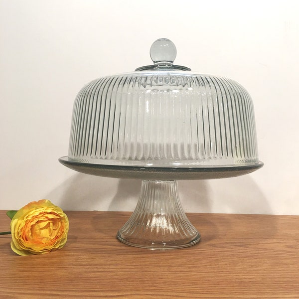 Vintage Dome Covered Ribbed Glass & Ribbed Pedestal Cake Stand Frosted Plate Design  Ref#24