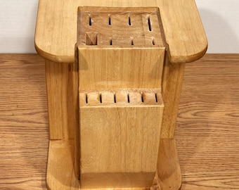Vintage Wooden 15-Slot Knife Block with Turntable