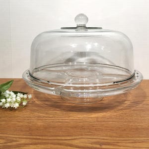 Vintage Glass Dome Cake Stand: Wagon Wheel Spoke Plate, Clear Pedestal