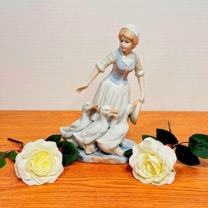 Vintage 1980s - Enesco Fine Porcelain Figurine of Girl With GEESE / DUCKS 8 3/4” Farm Dress Apron Bird Ceramic Figurine -Near Mint Condition