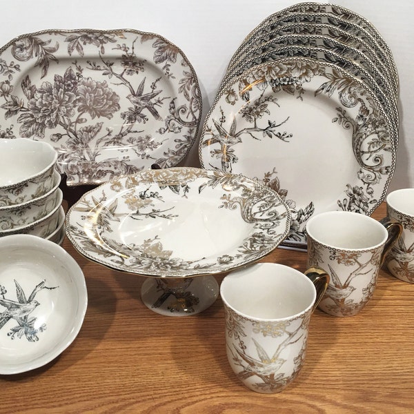 Vintage 222 FIFTH Adelaide Gold FINE CHINA Assorted Items: Platter, Cake Stand, Dinner Plates, Cereal/Soup Bowl, Cups,