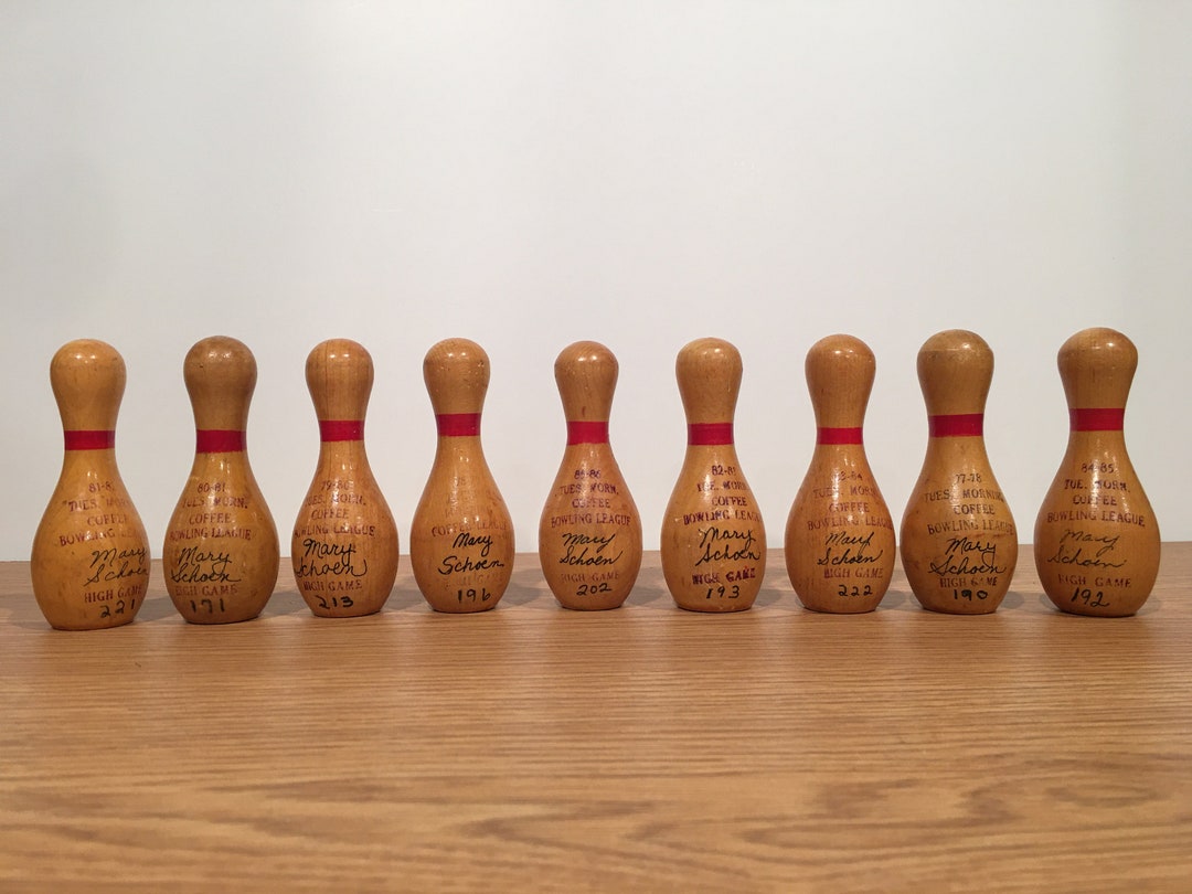Lot of 9 Vintage Mini Bowling Pins Awards Tuesday Morning Coffee Bowling League Season's High