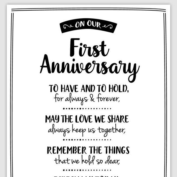 On Our First Anniversary with poem wine label, Celebrate your first wedding anniversary together, Retro look, Print on sticker paper!