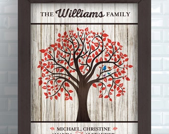 May include: A framed print of a stylized tree with red leaves and a brown trunk. The text "THE Williams FAMILY" is at the top of the print. Below the tree, the text reads "MICHAEL, CHRISTINE, AMANDA and ALEXANDER".