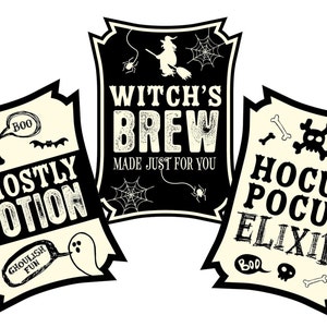 May include: Three black and white Halloween themed printable signs with spooky text. The signs read "Witch's Brew Made Just For You", "Ghostly Potion Ghoul Fun", and "Hocus Pocus Elixir Boo".