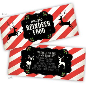 Magische Rentier Lebensmitteletiketten, Vintage Zuckerstangenstreifen, Sofortiger Download, Drucken zu Hause, Weihnachtsetiketten passen für Sandwich / Quart-große Taschen
