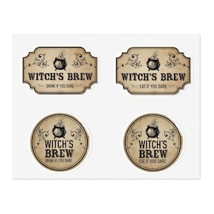 Halloween Apothecary Vinyl Sticker Sheet, 4 Stickers Per Sheet, Witch’s Brew, Spooky Cauldron Labels, Dare to Drink, Dare to Eat