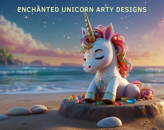May include: A serene white unicorn with a golden horn and colorful mane sits on a rock at the beach. The unicorn is adorned with jewels and gold accents. The text "ENCHANTED UNICORN ARTY DESIGNS" is at the top of the image.