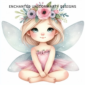Design carino di fata e fiori Clipart scaricabile / Baby Shower / Immagine per bambini / Arredamento della scuola materna / PNG stampabile per uso commerciale