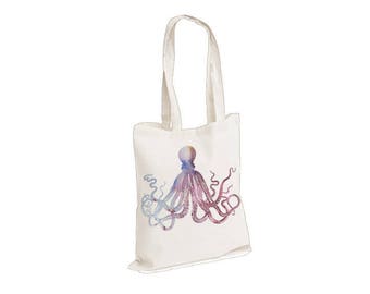 Octopus nautical fish ocean sea  - Watercolour watercolor Tote Canvas bag, White, Reusable Shopping Bag