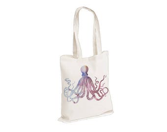 Pulpo pez náutico océano mar - Acuarela acuarela Tote Canvas bag, Blanco, Bolsa de compras reutilizable