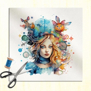Alice In Wonderland Animals Blue Watercolor Watercolour Cushion Panel Upholstery Cotton or Velvet Fabric Craft Panel Sewing Quilting