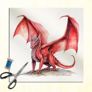May include: A red dragon with wings spread wide, painted in watercolour on a white background. The dragon has a long tail and sharp claws.