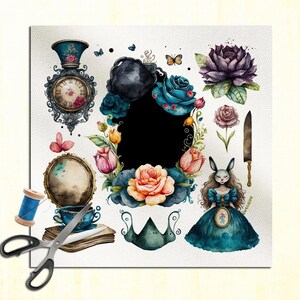 May include: Watercolor illustration featuring Alice in Wonderland-themed elements. Includes a clock, roses, a rabbit, a mirror, scissors, and a teacup. The color palette is dominated by teal, pink, and gold.