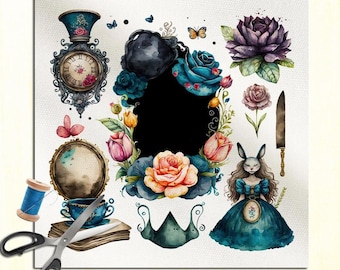 May include: Watercolor illustration featuring Alice in Wonderland-themed elements. Includes a clock, roses, a rabbit, a mirror, scissors, and a teacup. The color palette is dominated by teal, pink, and gold.