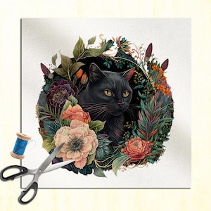 Black Cat flowers kitten - Watercolor Watercolour Cushion Panel Upholstery Cotton Velvet Linen Fabric Craft Panel, Sewing Quilting