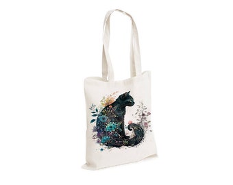 Blue Flowers and Black Cat - Watercolour watercolor Tote Canvas bag, White, Reusable Shopping Bag