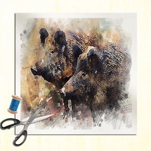 Wild Boar Pig Animal Wildlife - Watercolour Cushion Panel Upholstery Cotton Fabric Craft Panel, Sewing Quilting