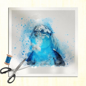 Dolphin Sea Ocean Fish Animal- Watercolour Cushion Panel Upholstery Cotton Fabric Craft Panel, Sewing Quilting