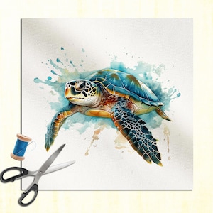 May include: A watercolour painting of a sea turtle with a blue and green shell, orange accents, and a white and black patterned head. The turtle is set against a backdrop of blue watercolour splashes. A spool of blue thread and scissors are in the lower left corner.
