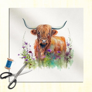 Highland Cow Cattle Floral Farm - Watercolor Watercolour Cushion Panel Upholstery Cotton Velvet Linen Fabric Craft Panel, Sewing Quilting