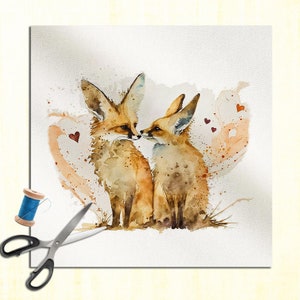 Foxes in love - Watercolor Watercolour Cushion Panel Upholstery Cotton or Velvet Fabric Craft Panel, Sewing Quilting