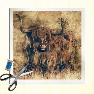 Highland Cow Scottish Scotland - Watercolour Cushion Panel Upholstery Cotton Fabric Craft Panel, Sewing Quilting