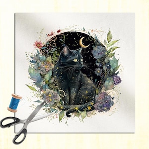 Black Cat Witches familiar floral - Watercolor Watercolor Cushion Panel Upholstery Cotton Velvet Linen Fabric Craft Panel, Sewing Quilting