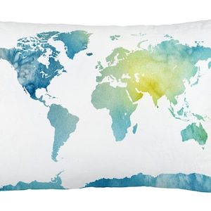 Mapa del mundo - Cojín de acuarela de terciopelo de lujo, cubierta de la caja del color del agua o caso & relleno