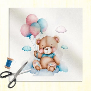 Teddy bear pink and blue balloons- Watercolor Watercolour Cushion Panel Upholstery Cotton Velvet Linen Fabric Craft Panel, Sewing Quilting