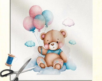 May include: A watercolor illustration of a brown teddy bear holding onto pink and blue balloons while sitting on a cloud. The bear is wearing a blue shirt with a white collar.