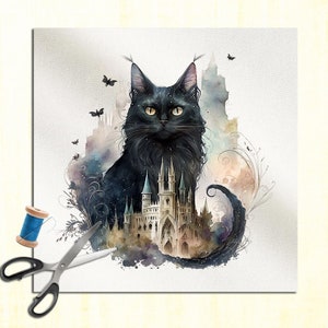Black Cat Witches familiar Castle - Watercolor Watercolor Cushion Panel Upholstery Cotton Velvet Linen Fabric Craft Panel, Sewing Quilting