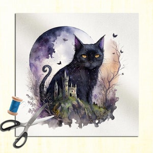 Black Cat Witches familiar Castle - Watercolor Watercolor Cushion Panel Upholstery Cotton Velvet Linen Fabric Craft Panel, Sewing Quilting