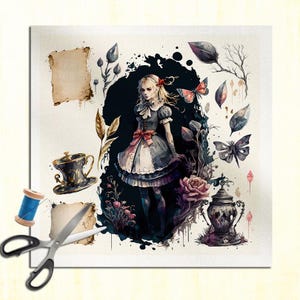 Dark Alice in Wonderland Patchwork Watercolor Watercolour Cushion Panel Upholstery Cotton or Velvet Fabric Craft Panel Sewing Quilting