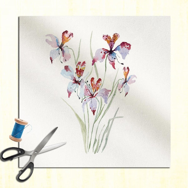 Fleurs d'iris - Panneau de coussin aquarelle aquarelle Tapisserie d'ameublement Coton Velours Lin Tissu Artisanat Panneau, Couture Quilting